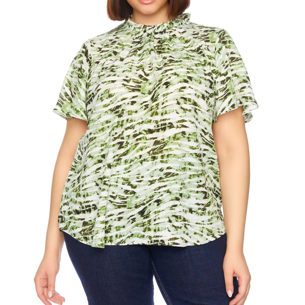 Short sleeved ruffle-neck blouse top